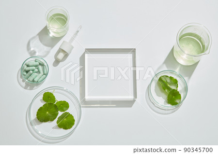 Gotu kula decorated in petri dish and transparent podium with blank space in laboratory background for plants advertising , top view Gotu kula decorated in petri dish and transparent podium with blank space in laboratory background for plants advertising , top view 90345700