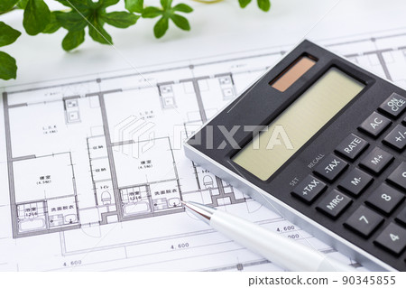 Condominium housing drawing (floor plan), house and calculator Condominium housing drawing (floor plan), house and calculator 90345855