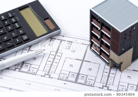 Condominium housing drawing (floor plan), house and calculator 90345904