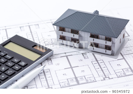 Condominium housing drawing (floor plan), house and calculator Condominium housing drawing (floor plan), house and calculator 90345972