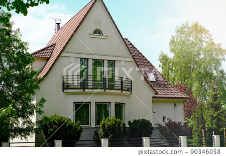 The resort town of Parnu in Estonia with beautiful wooden houses with triangular roofs 90346058