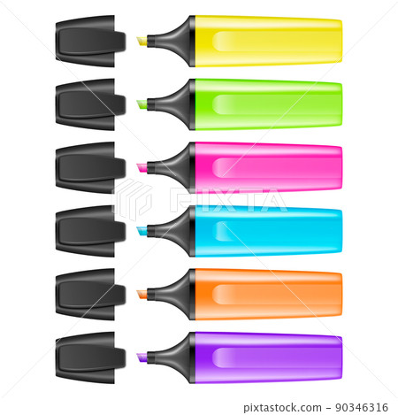 Realistic blank highlighter pen icon set closeup isolated. Design template of text markers for branding, mockup. Stock vector. EPS10. 90346316