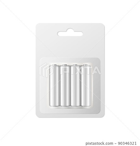 Vector 3d Realistic Alkaline AA Batteries in Blister, Packaging. White Blank Paper Accumulator Pack Isolated. Design template of Batteries for Branding, Mockup. Closeup 90346321