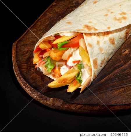 shawarma vegetable, doner kebab burrito filling burrito veggie pita, dish on the table healthy meal snack, copy space, food background, veganism food 90346435