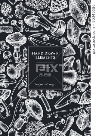 Forest mushrooms pattern card design. Hand drawn mushrooms, fly agaric, blewit, etc. 90346586