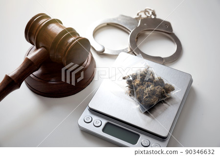 Drug package with hemp. Marijuana bags on scale Drug package with hemp. Marijuana bags on scale 90346632