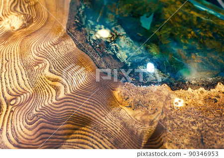 Epoxy resin table with transparent inserts and wooden base. 90346953