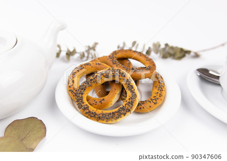 white tea set with teapot tea and saucers and pie for breakfast white tea set with teapot tea and saucers and pie for breakfast 90347606
