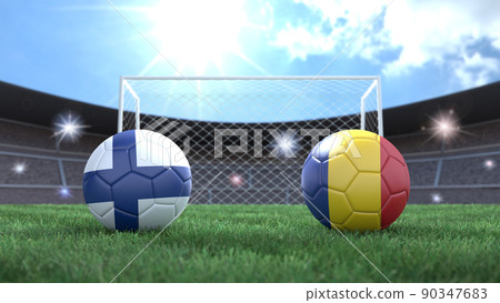 Two soccer balls in flags colors on stadium blurred background. Finland and Romania. 3d image 90347683