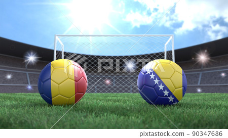 Two soccer balls in flags colors on stadium blurred background. Romania and Bosnia. 3d image 90347686