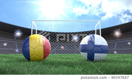 Two soccer balls in flags colors on stadium blurred background. Romania and Finland. 3d image 90347687