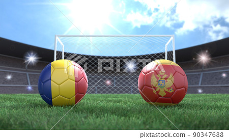 Two soccer balls in flags colors on stadium blurred background. Romania and Montenegro. 3d image 90347688