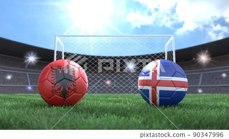 Two soccer balls in flags colors on stadium blurred background. Albania and Iceland. 3d image Two soccer balls in flags colors on stadium blurred background. Albania and Iceland. 3d image 90347996