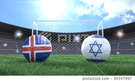 Two soccer balls in flags colors on stadium blurred background. Iceland and Israel. 3d image Two soccer balls in flags colors on stadium blurred background. Iceland and Israel. 3d image 90347997