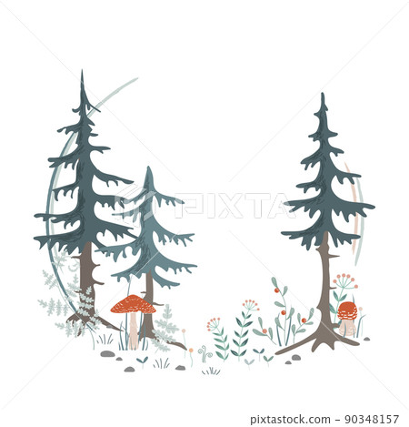 Forest wreath frame. Design for cards, forest card invitation, prints. Wreath of fir trees, herbs, and mushrooms set. Banner decor design vector illustration Forest wreath frame. Design for cards, forest card invitation, prints. Wreath of fir trees, herbs, and mushrooms set. Banner decor design vector illustration 90348157