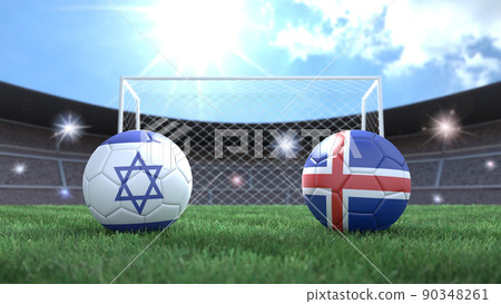 Two soccer balls in flags colors on stadium blurred background. Israel and Iceland. 3d image 90348261