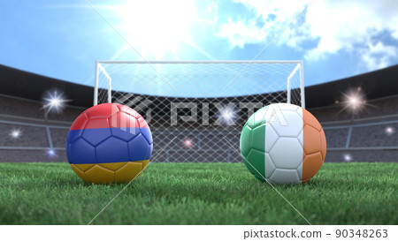 Two soccer balls in flags colors on stadium blurred background. Armenia and Ireland. 3d image 90348263