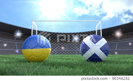 Two soccer balls in flags colors on stadium blurred background. Ukraine and Scotland. 3d image 90348282