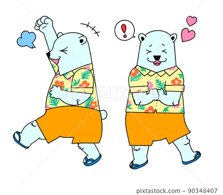 Cute reaction illustration of a polar bear wearing an aloha shirt 90348407