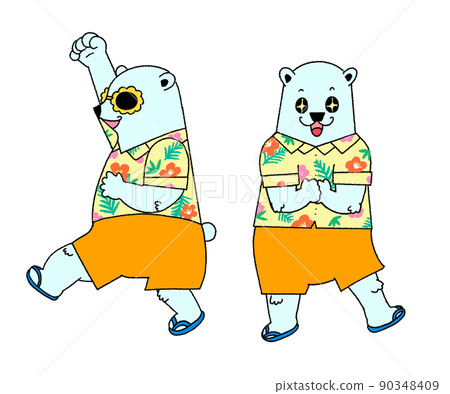 Cute reaction illustration of a polar bear wearing an aloha shirt 90348409