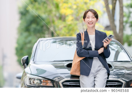 Business car roadside tree woman Business car roadside tree woman 90348588