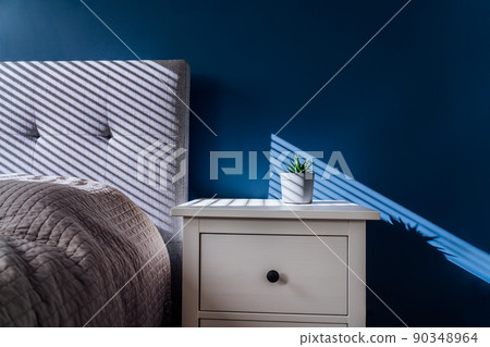 Succulent in concrete plant pot with decorative shadows on a blue wall and bedside table in bedroom interior. Game of shadows on a wall from window at the sunny day. Graphic minimalist home background Succulent in concrete plant pot with decorative shadows on a blue wall and bedside table in bedroom interior. Game of shadows on a wall from window at the sunny day. Graphic minimalist home background 90348964