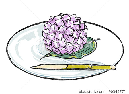 Hydrangea brocade print style on a glass confectionery plate with the leaves of Commelina communis 90349771