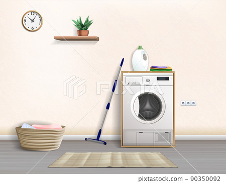 Laundry Room Interior with Washing Machine, realistic vector illustration 90350092