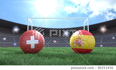 Two soccer balls in flags colors on stadium blurred background. Switzerland and Spain. 3d image Two soccer balls in flags colors on stadium blurred background. Switzerland and Spain. 3d image 90351456