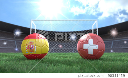 Two soccer balls in flags colors on stadium blurred background. Spain and Switzerland. 3d image 90351459