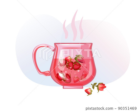 Cup with strawberry tea. Time o clock. Tea shop, break, cafe-bar, tea lover, tea party. Illustration 90351469