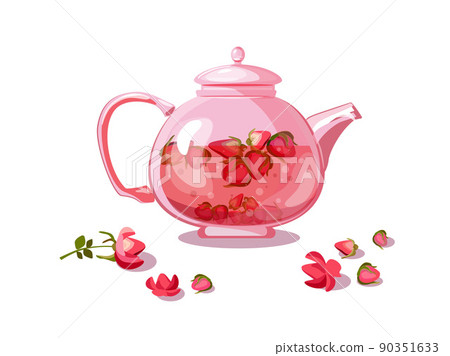 Teapot with rosebud tea. Time o clock. Tea shop, break, cafe-bar, tea lover, tea party. Teapot with rosebud tea. Time o clock. Tea shop, break, cafe-bar, tea lover, tea party. 90351633