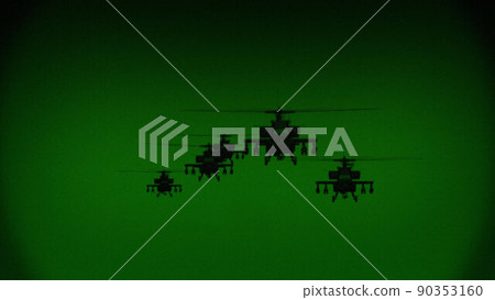 Apache AH-64 helicopters fly at night, night vision infrared Apache AH-64 helicopters fly at night, night vision infrared 90353160