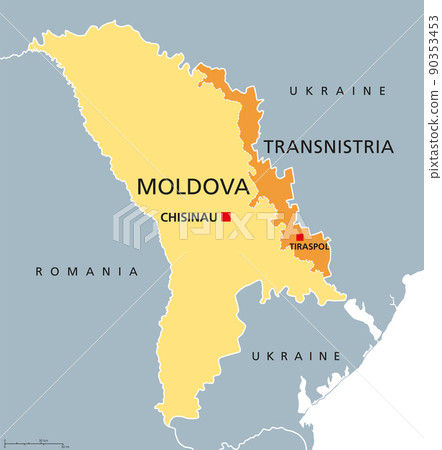 Moldova and Transnistria, political map. Republic of Moldova, with capital Chisinau, and the Pridnestrovian Moldavian Republic, PMR, a disputed and unrecognized breakaway state, with capital Tiraspol. 90353453