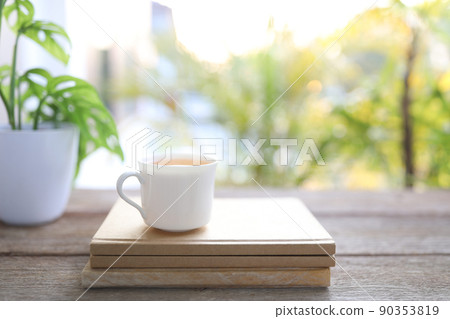 Tea cup and brown kraft notebooks and Window Monstera obliqua leaf plant 90353819