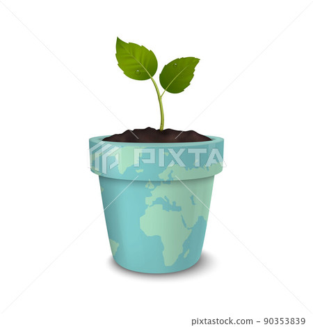 Ecology concept. Earth Day, World environmen day, Save the Earth or Green day. Vector background with sprout in a flower pot with a print of the Earth, isolated on white background. EPS10.  90353839