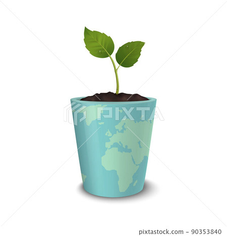 Ecology concept. Earth Day, World environmen day, Save the Earth or Green day. Vector background with sprout in a flower pot with a print of the Earth, isolated on white background. Ecology concept. Earth Day, World environmen day, Save the Earth or Green day. Vector background with sprout in a flower pot with a print of the Earth, isolated on white background. 90353840