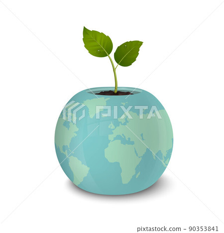 Ecology concept. Earth Day, World environmen day, Save the Earth or Green day. Vector background with sprout in a flower pot with a print of the Earth, isolated on white background. Ecology concept. Earth Day, World environmen day, Save the Earth or Green day. Vector background with sprout in a flower pot with a print of the Earth, isolated on white background. 90353841