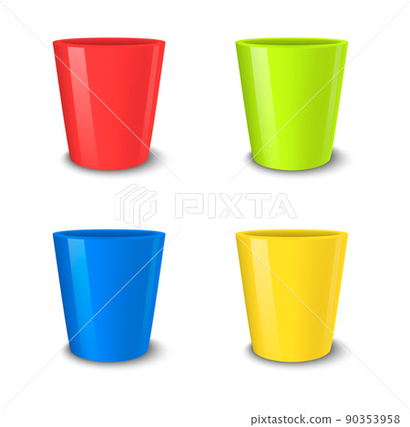 Realistic vector empty flower pot set, bright colors - red, green, blue and yellow . Closeup isolated on white background. Design template for branding, mockup. EPS10. Realistic vector empty flower pot set, bright colors - red, green, blue and yellow . Closeup isolated on white background. Design template for branding, mockup. EPS10. 90353958