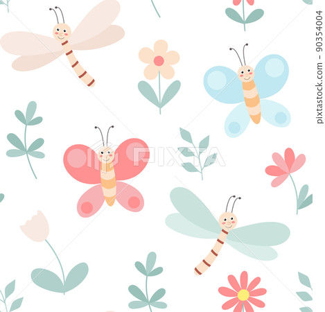 Butterflies dragonflies and flowers seamless baby pattern. Summer background with children characters. Print for textiles, wallpapers, packaging, design of kid things. Cute tender template vector 90354004