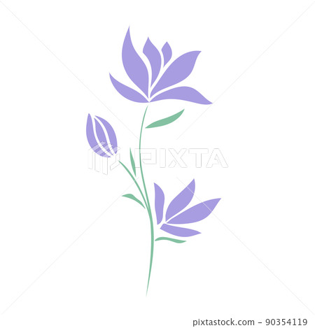 Purple delicate single flower vector. Hand drawn silhouette summer flower with leaves on twig. Botanical graceful flowering decoration Purple delicate single flower vector. Hand drawn silhouette summer flower with leaves on twig. Botanical graceful flowering decoration 90354119