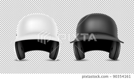 Realistic classic baseball helmet set - black and white color. Isolated on transparent background. Front view. Design template closeup in vector. Mock-up for branding and advertise. 90354161