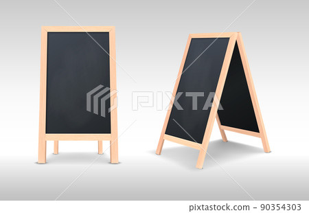 Realistic special menu announcement board icon set. Vector clean restaurant outdoor blackboard background. Mockup of chalkboard for restaurant menu, isolated on white background. Front and side view. Realistic special menu announcement board icon set. Vector clean restaurant outdoor blackboard background. Mockup of chalkboard for restaurant menu, isolated on white background. Front and side view. 90354303