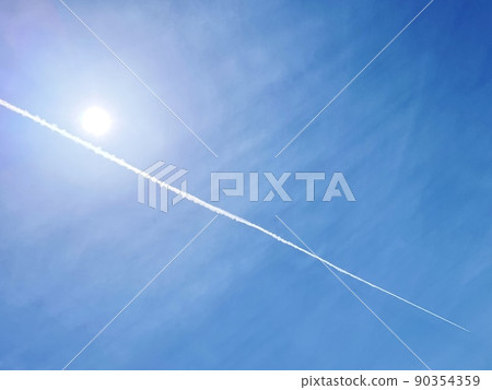 Blue sky and the sun and the airplane cloud 90354359