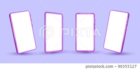 Violet smartphone mockup, 3D vector template set. Mobile phone front view on the white background Violet smartphone mockup, 3D vector template set. Mobile phone front view on the white background 90355127