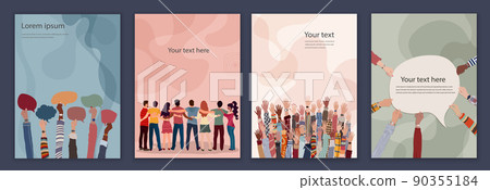 Diversity inclusion and equality concept.Group of people embraced viewed from behind. Raised hands. Hands holding speech bubble.Editable set brochure template flyer cover poster web page 90355184