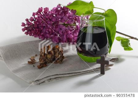 The Feast of Corpus Christi Concept. Bread and red wine symbols of Jesus Christ blood and body. 90355478