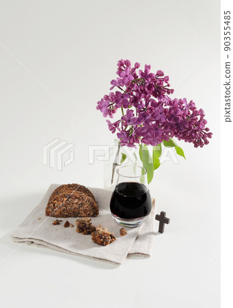 The Feast of Corpus Christi Concept. Bread and red wine symbols of Jesus Christ blood and body. 90355485