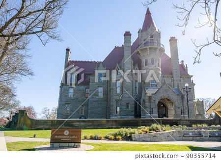 Victoria, BC, Canada - April 14 2021 : Craigdarroch Castle front view. Craigdarroch National Historic Site of Canada. Victoria, BC, Canada - April 14 2021 : Craigdarroch Castle front view. Craigdarroch National Historic Site of Canada. 90355714