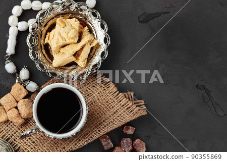 Turkish tea with oriental desserts on table Turkish tea with oriental desserts on table 90355869